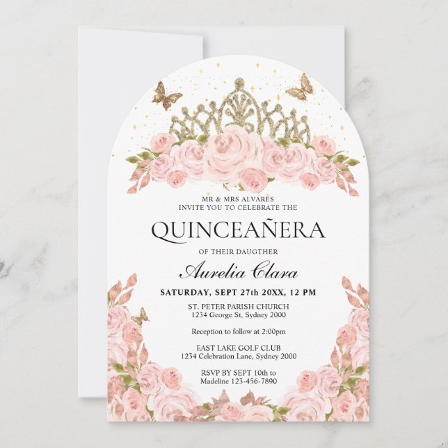 Invitation Blush Pink Floral Gold Tiara Quinceanera Arch (Devant)
