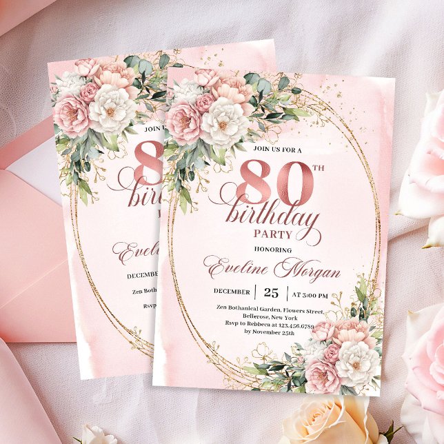 Invitation Blush Pink Floral Greenery Gold Glitter 80th Bday (Blush Pink Floral Greenery Gold Glitter 80th Invitation)