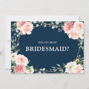 Invitation Blush Pink Floral Navy Seras-tu ma servante d'honn