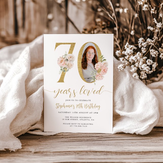 Invitation Blush Pink Floral Photo 70e Anniversaire Invitatio (Créateur téléchargé)