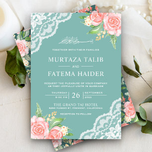 Invitation Blush pink Floral Soft Pastel Teal Muslim Wedding