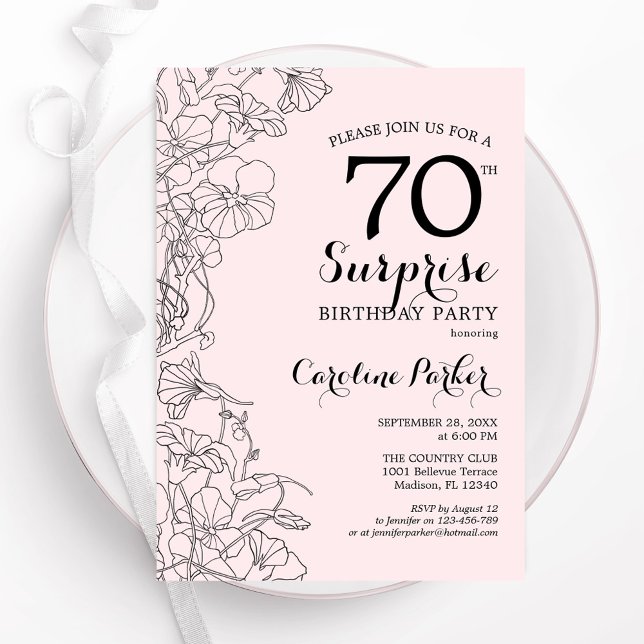 Invitation Blush Pink Floral Surprise 70e fête d'anniversaire (Créateur téléchargé)