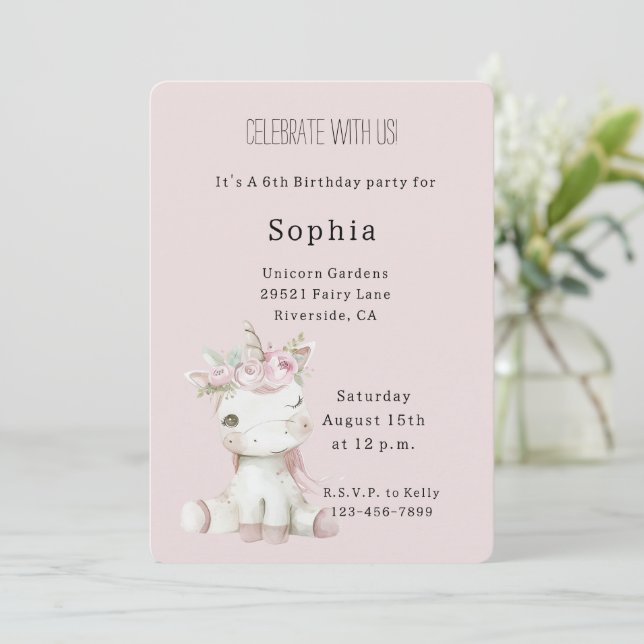 Invitation Blush Pink Floral Unicorn Birthday (Debout devant)