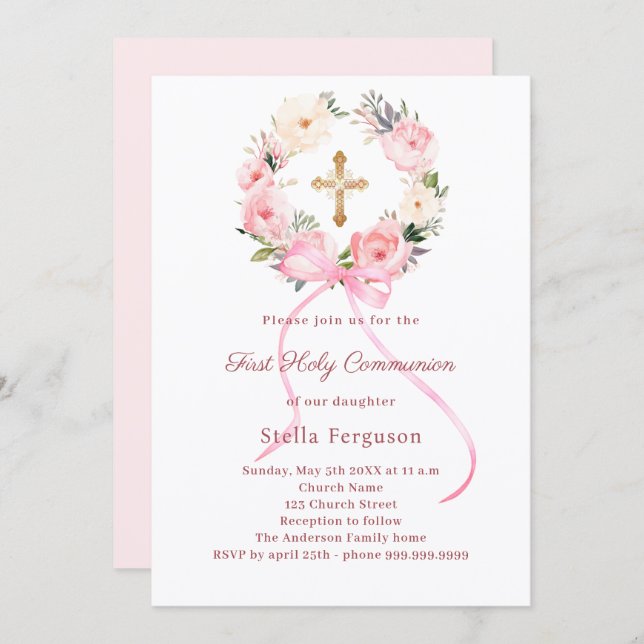 Invitation Blush pink florals bow cross First Communion (Devant / Derrière)