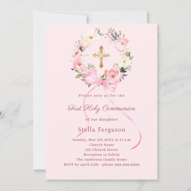 Invitation Blush pink florals bow cross First Communion (Devant)