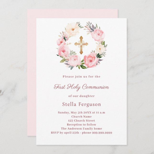 Invitation Blush pink florals cross First Communion (Devant / Derrière)