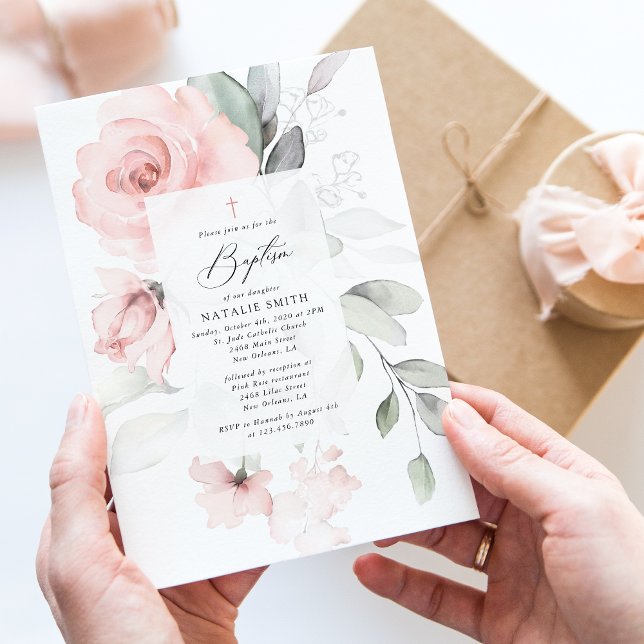 Invitation Blush Pink Flowers, Greenery, Boho, Floral Baptism (Créateur téléchargé)