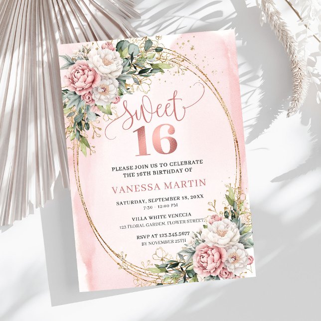 Invitation Blush Pink Flowers with Greenery Sweet Sixteen  (Blush Pink Flowers with Greenery Sweet Sixteen Invite)