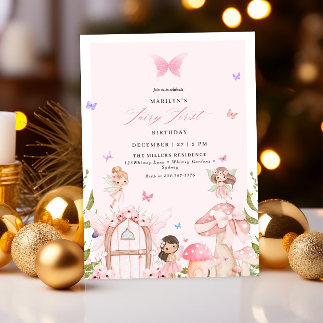 Invitation Blush Pink Forest Butterflies Fairy First Birthday (Créateur téléchargé)