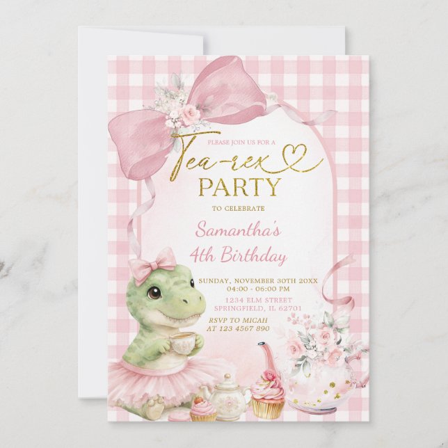 Invitation Blush Pink Gingham Tea-Rex Party Bow Dino Birthday (Devant)