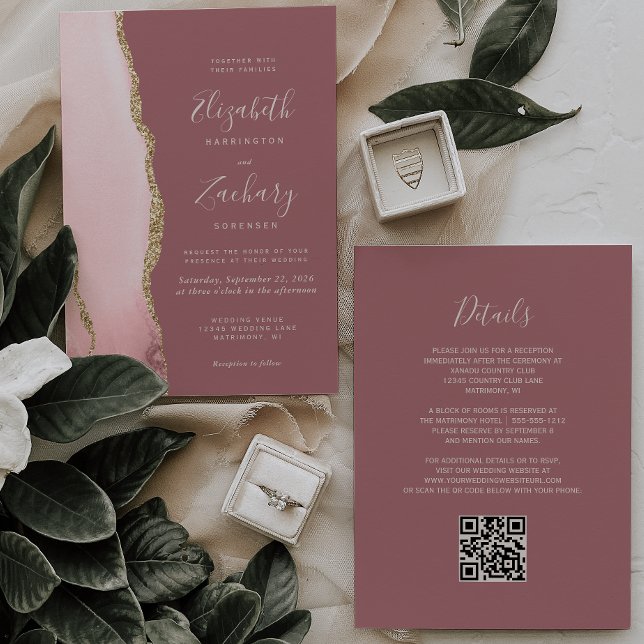 Invitation Blush Pink Gold Agate Dusty Rose QR Code Mariage (Créateur téléchargé)