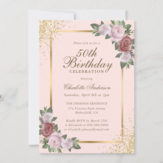 Invitation Blush Pink Gold Confetti Floral 50e anniversaire (Devant)