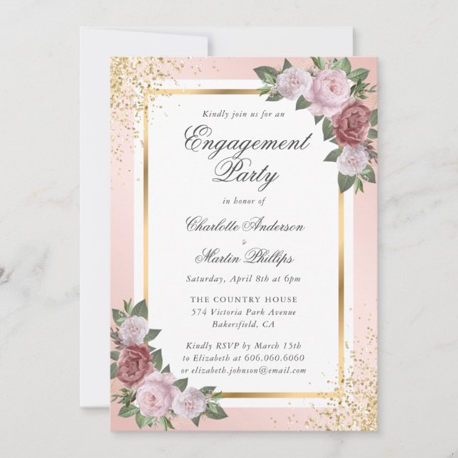 Invitation Blush Pink Gold Confetti Floral Engagement Party (Devant)