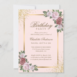 Invitation Blush Pink Gold Confetti Floral fête d'anniversair