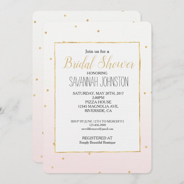 Invitation Blush Pink Gold Confetti Sparkle Ombre (Devant / Derrière)