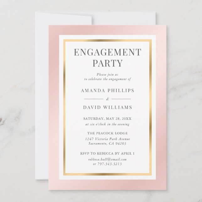Invitation Blush Pink Gold Elegant Parti d'engagement moderne (Devant)