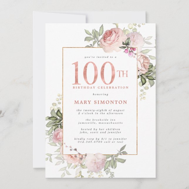 Invitation Blush Pink Gold Floral 100e fête d'anniversaire (Devant)
