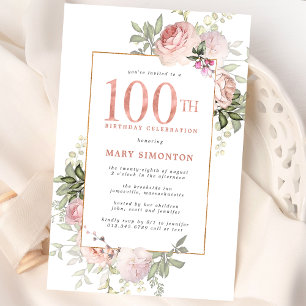 Invitation Blush Pink Gold Floral 100e fête d'anniversaire