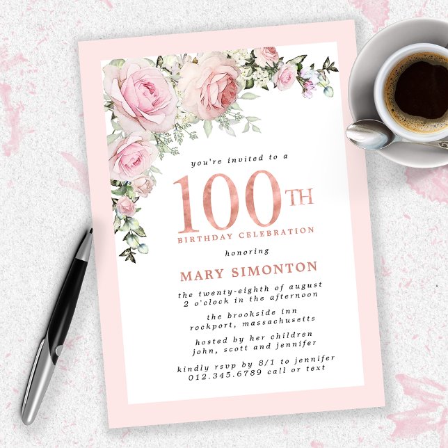 Invitation Blush Pink Gold Floral 100e fête d'anniversaire (Créateur téléchargé)