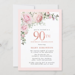 Invitation Blush Pink Gold Floral 90e anniversaire de fête In