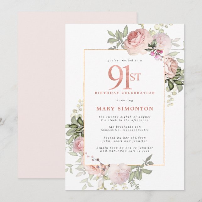 Invitation Blush Pink Gold Floral 91e fête d'anniversaire (Devant / Derrière)