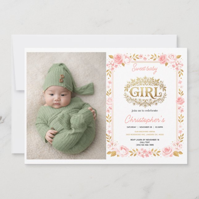 Invitation Blush Pink & Gold Floral Girl Baby Shower photo (Devant)