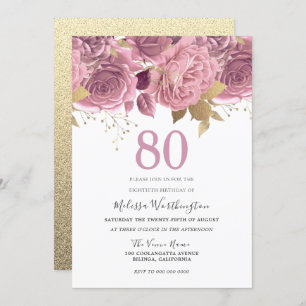 Invitation Blush Pink Gold Flowers 80e fête d'anniversaire