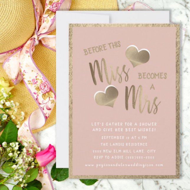 Invitation Blush Pink Gold Hearts Mlle Mme Fête des mariées (Cute pink and gold Miss to Mrs. bridal shower invitation)