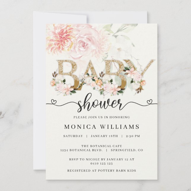 Invitation Blush Pink & Gold Lace Girl Baby Shower (Devant)