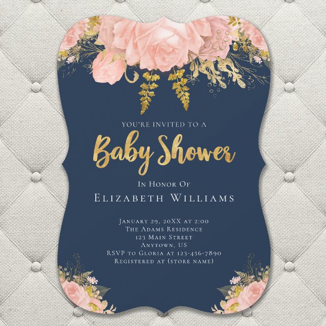 Invitation Blush Pink Gold Marine Blue Flower Baby shower fil (Créateur téléchargé)