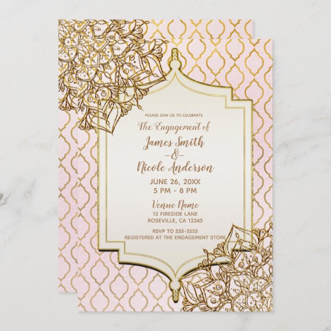 Invitation Blush Pink Gold Marocain nuits Fiançailles (Devant / Derrière)