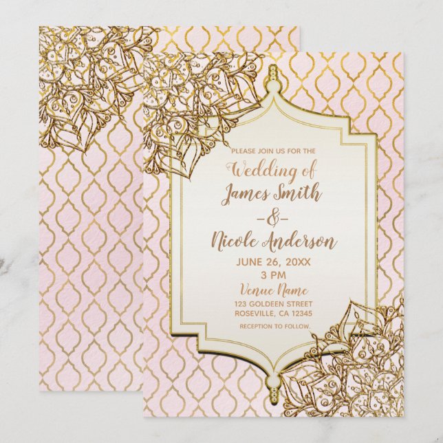 Invitation Blush Pink Gold Marocain nuits Mariage (Devant / Derrière)