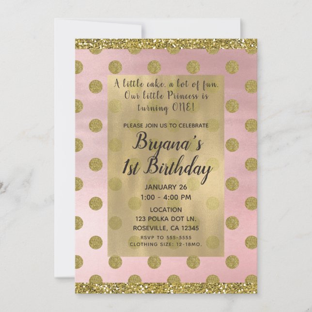 Invitation Blush Pink & Gold Parties scintillant Pois 1er ann (Devant)