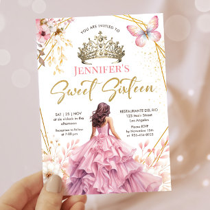 Invitation Blush Pink Gold Princess Tiara Floral Sweet 16