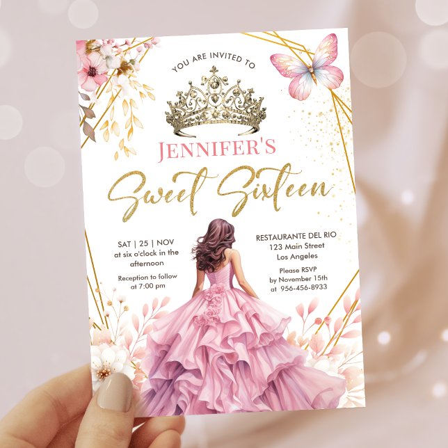 Invitation Blush Pink Gold Princess Tiara Floral Sweet 16 (Créateur téléchargé)