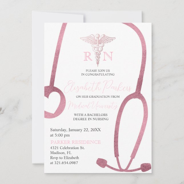 Invitation Blush Pink Gold RN Soins infirmiers Parti de gradu (Devant)