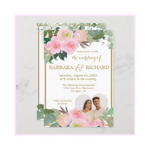 Invitation Blush Pink Gold Romantic Floral Photo QR Mariage