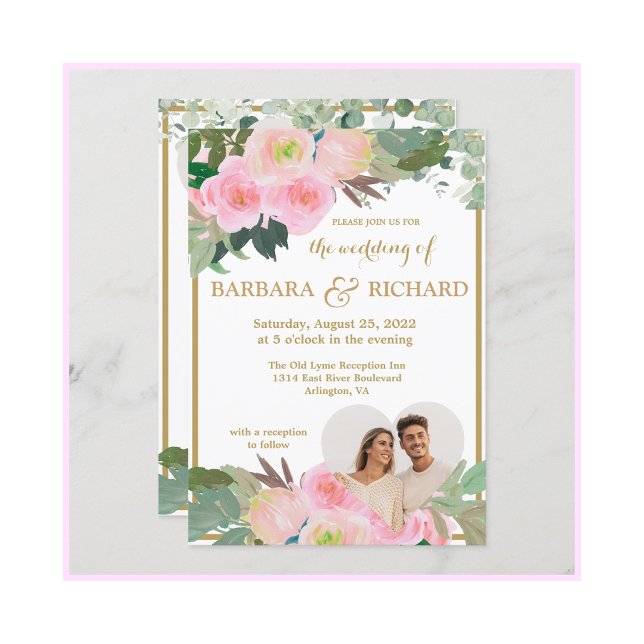 Invitation Blush Pink Gold Romantic Floral Photo QR Mariage (Créateur téléchargé)