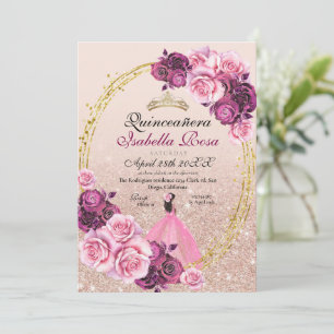 Invitation Blush Pink Gold Rose Floral Quinceanera XV Años