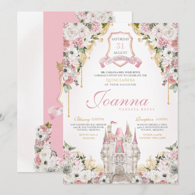 Invitation Blush Pink Gold Royal Castle Princess Quinceanera (Devant / Derrière)
