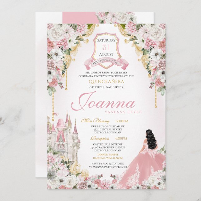 Invitation Blush Pink Gold Royal Princess Castle Quinceanera (Devant / Derrière)