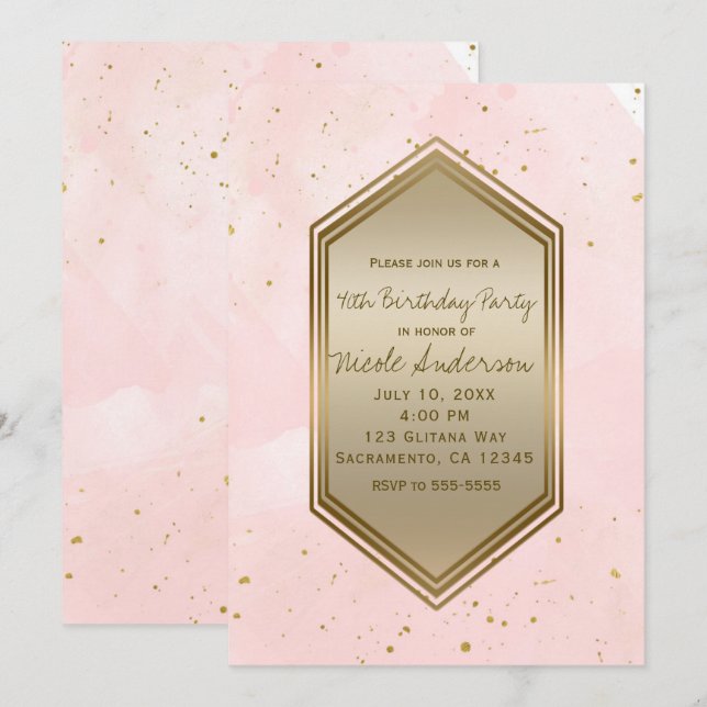 Invitation Blush Pink Gold Splatter Glam Anniversaire (Devant / Derrière)