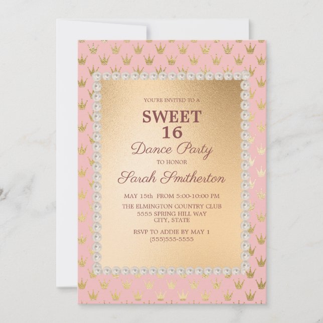 Invitation Blush Pink Gold Tiara Sweet 16 Dance Party (Devant)