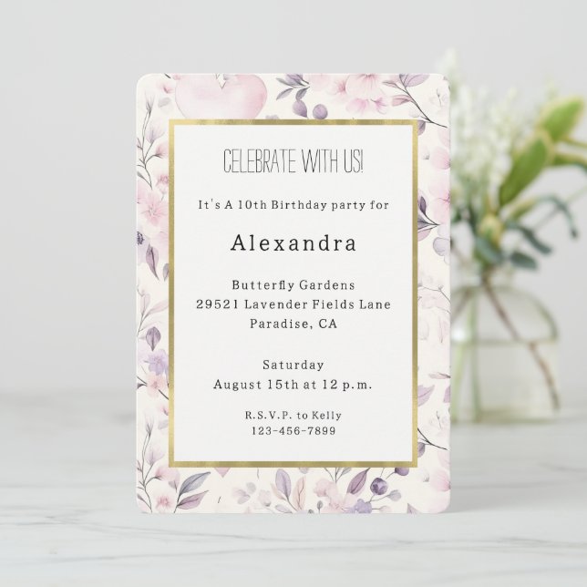 Invitation Blush Pink Hearts Purple Flowers Birthday (Debout devant)