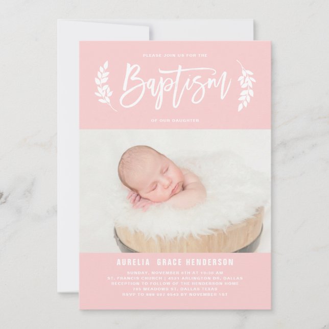 Invitation Blush Pink Laurel Wreath Photo Baptême (Devant)