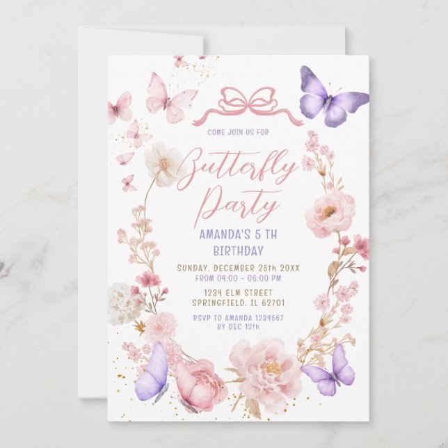 Invitation Blush Pink Lavender Purple Butterflies Birthday  (Devant)