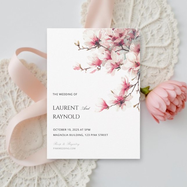 Invitation Blush Pink Magnolia Botanical Watercolor Wedding  (Créateur téléchargé)