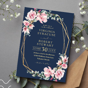 Invitation Blush Pink Magnolia Geometric Blue Navy Wedding