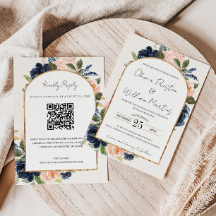 Invitation Blush Pink Marine Floral Arch QR Code RSVP Mariage
