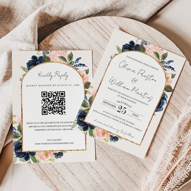 Invitation Blush Pink Marine Floral Arch QR Code RSVP Mariage (Créateur téléchargé)